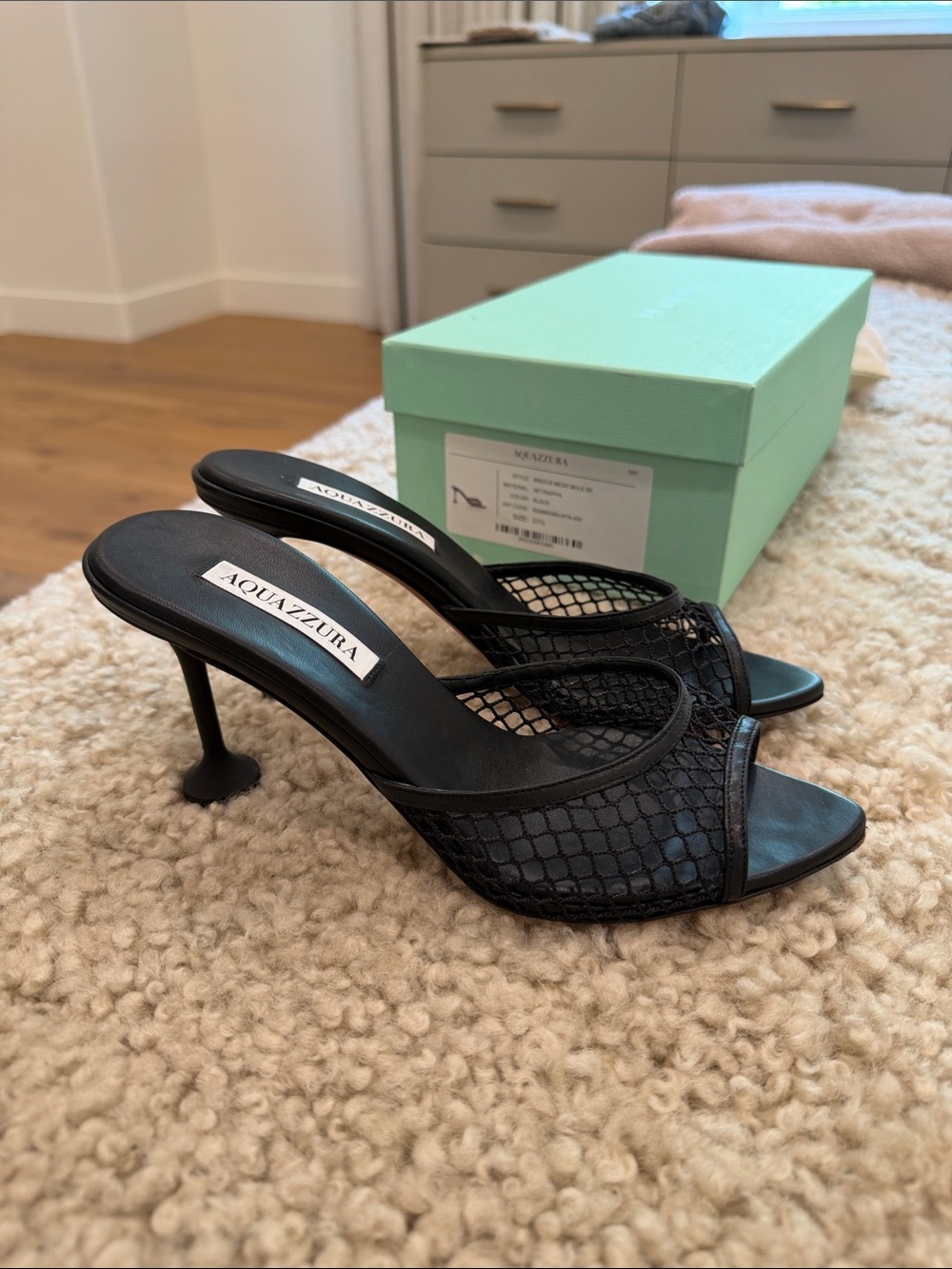 Aquazzura Black Mesh Open-Toe Stiletto Mules